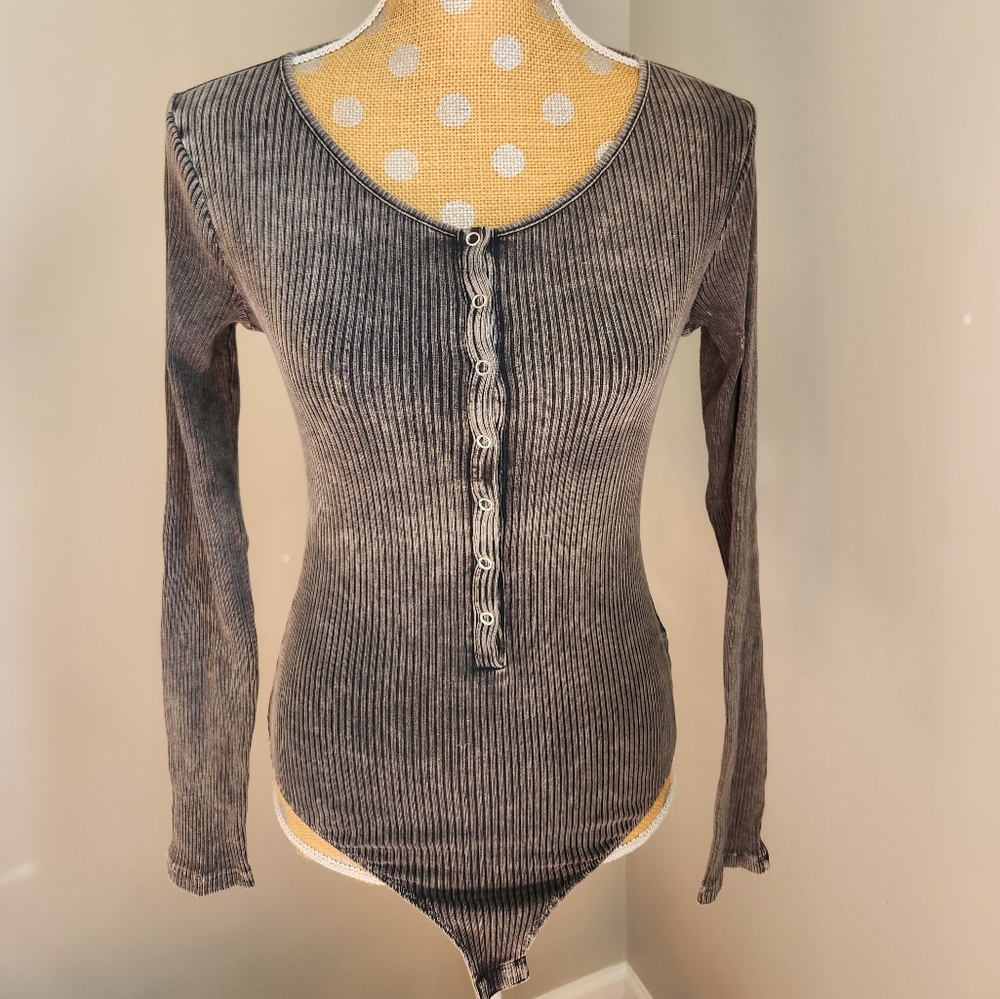 Pink Lily Gray Ribbed Bodysuit